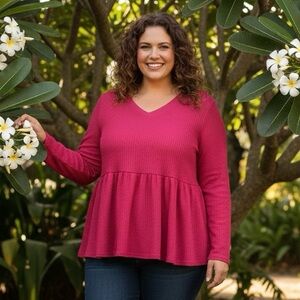 Waffle Knit Babydoll Long Sleeve Top - Raspberry Pink